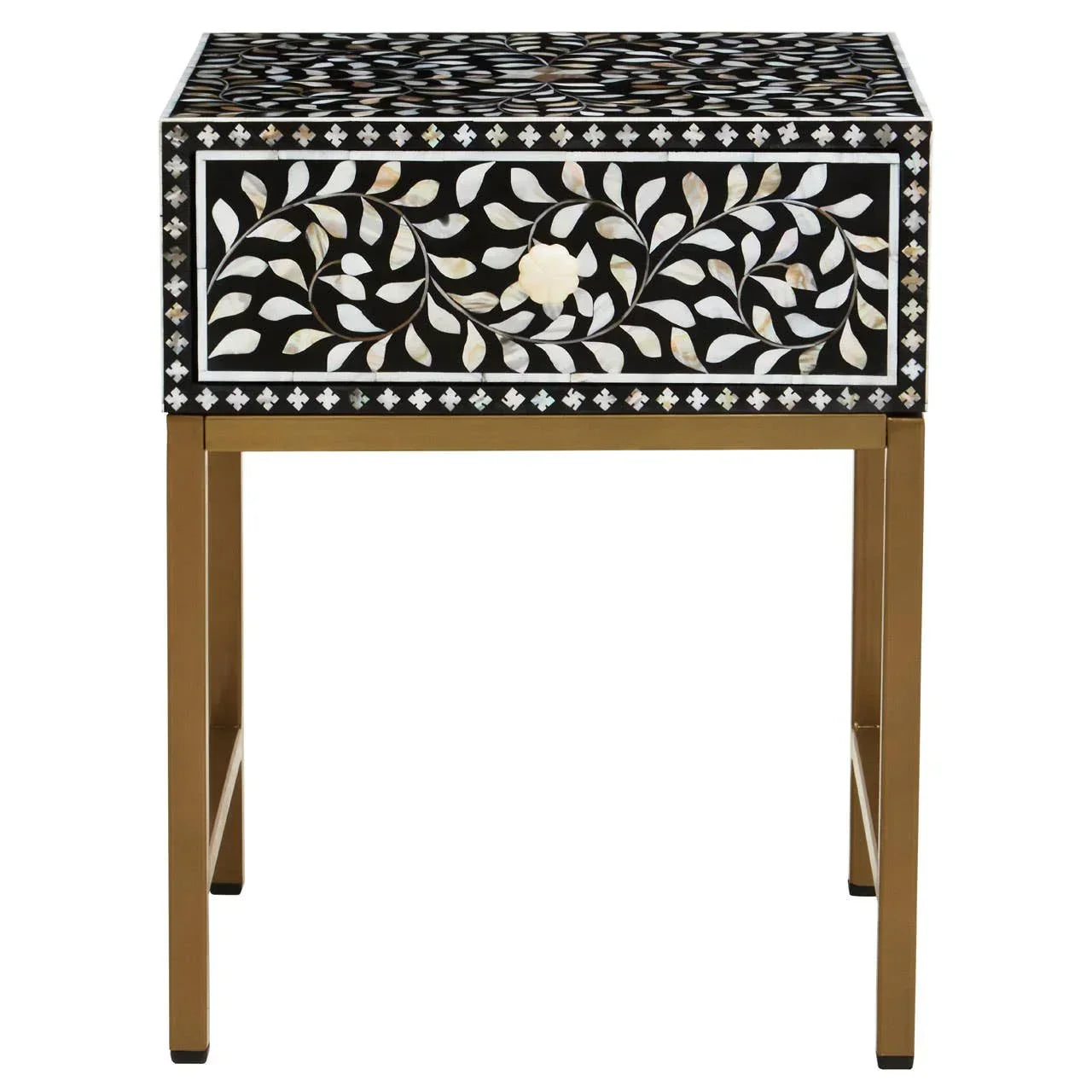 Black and gold bedside table with floral inlay and single drawer on gold metal legs