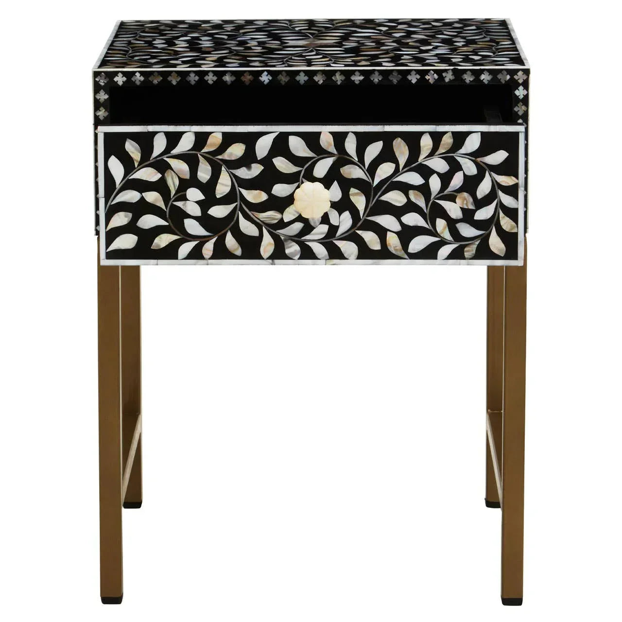 Black bedside table with inlay floral pattern and gold metal legs, single drawer design