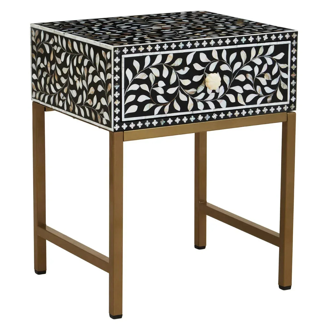 Black inlay bedside table with floral pattern and gold metal legs