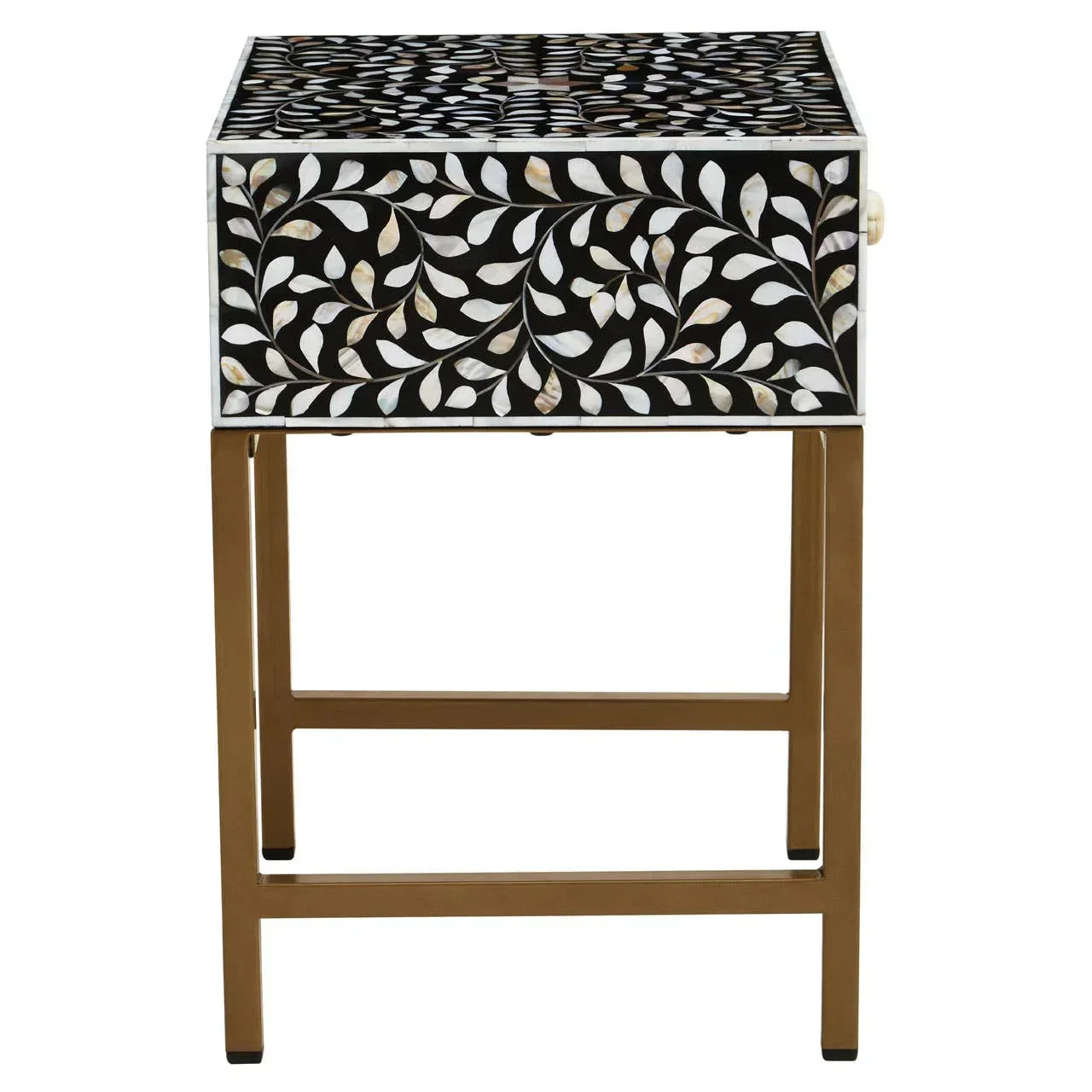 Black and white bone inlay side table with gold metal frame and floral pattern design