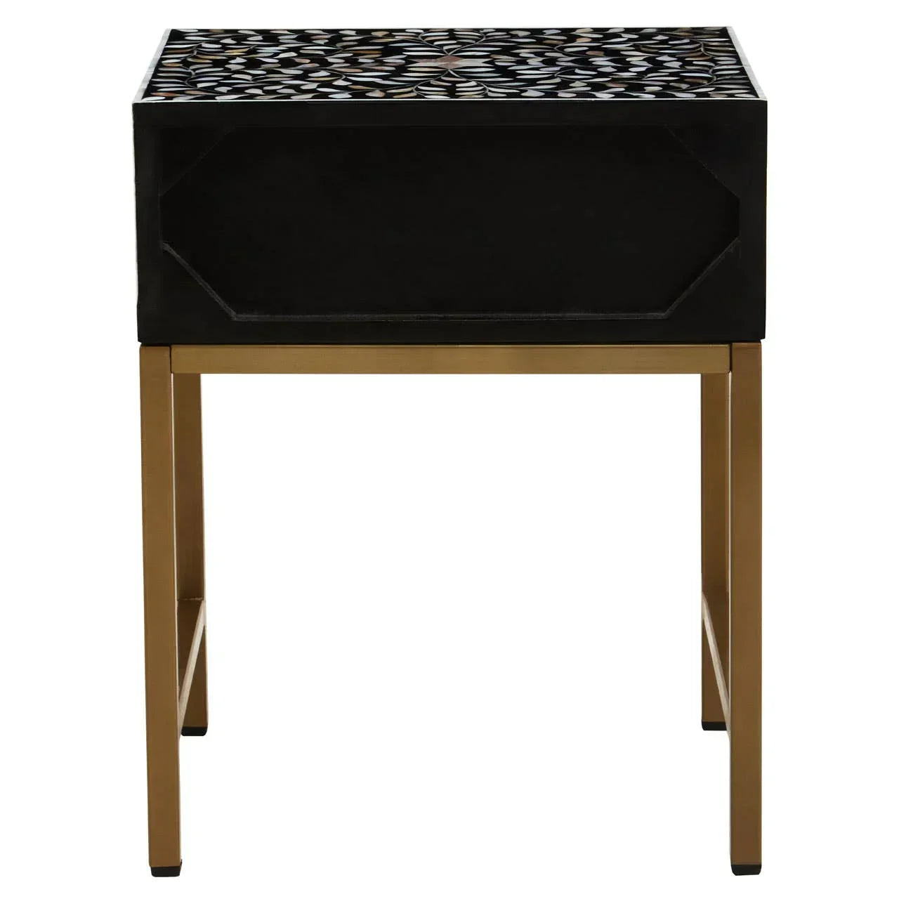 Black side table with gold legs and patterned mosaic top