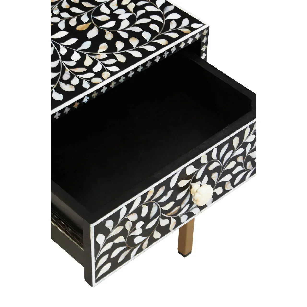 Bone inlay bedside table with open drawer, floral pattern, black and white finish