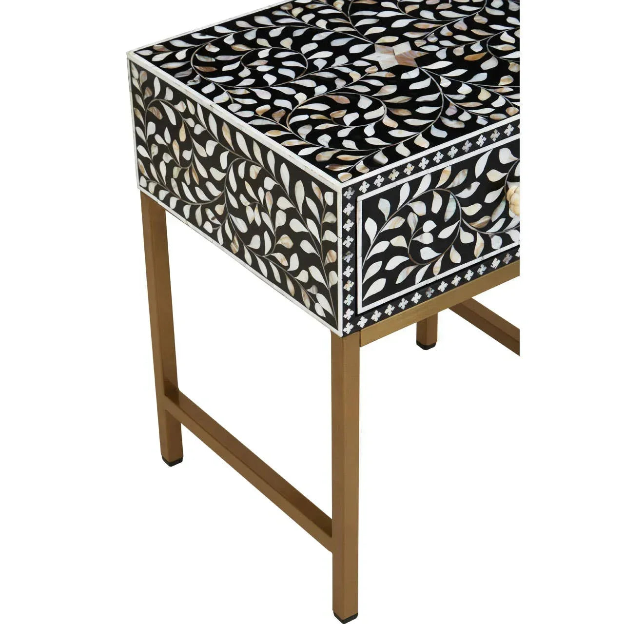 Bone inlay side table with floral black and white design and gold metal legs