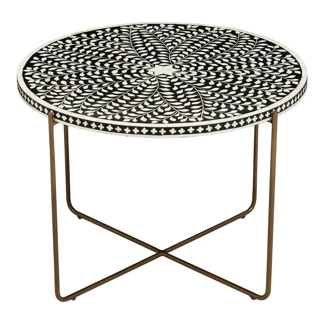Round coffee table with black and white geometric mosaic top and slim gold metal legs