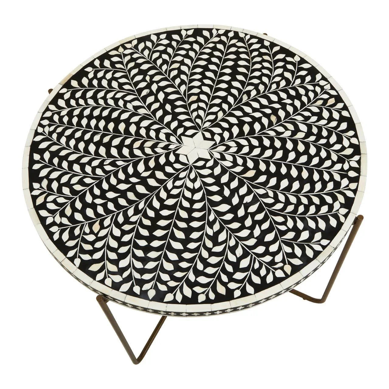 Round mosaic coffee table with black and white leaf pattern and metal legs