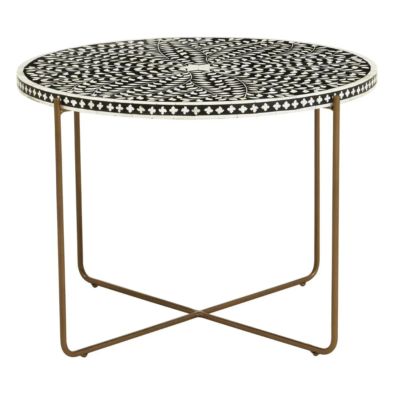 Round black and white patterned coffee table with metal legs and intricate mosaic top
