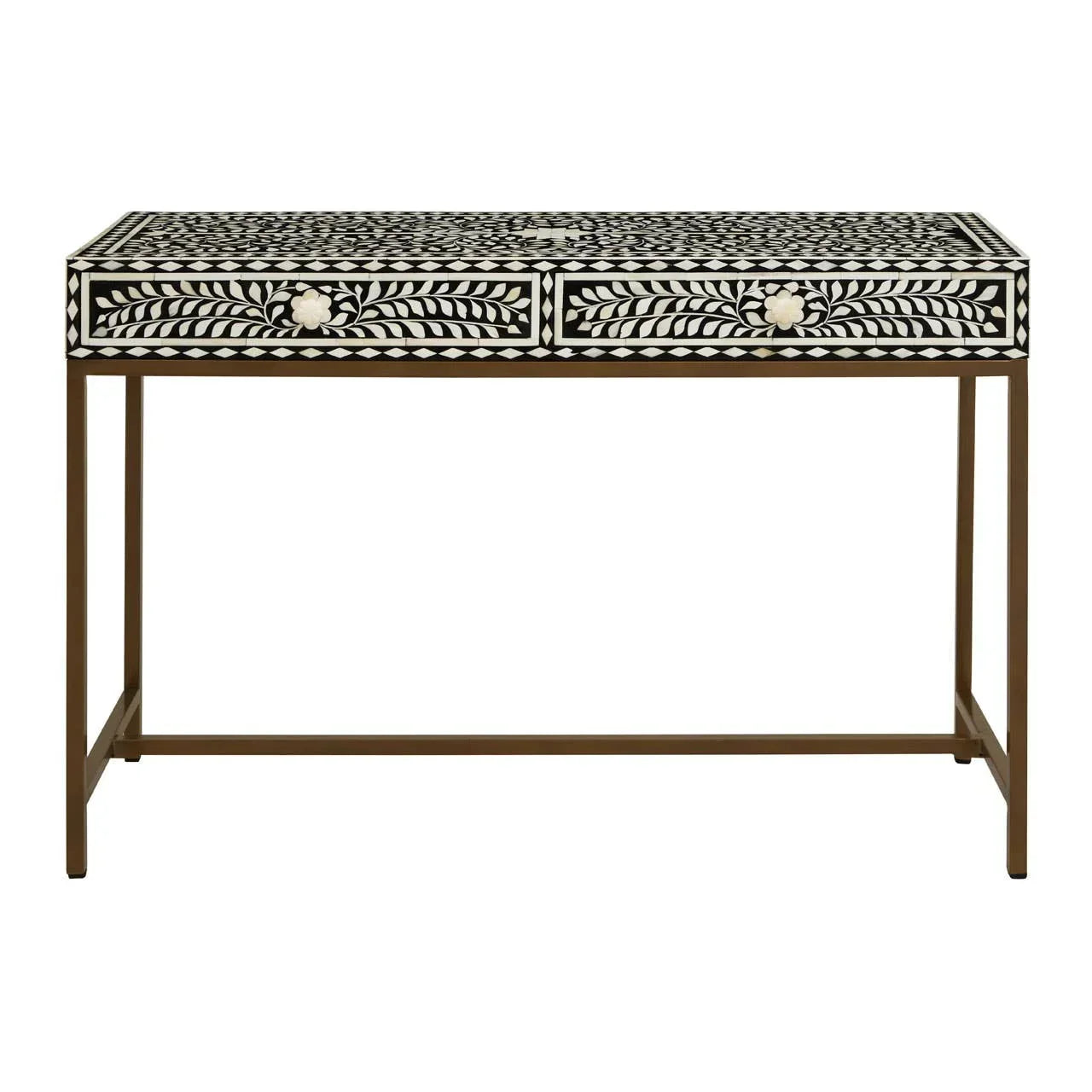 Black and white inlay console table with two drawers and gold metal frame