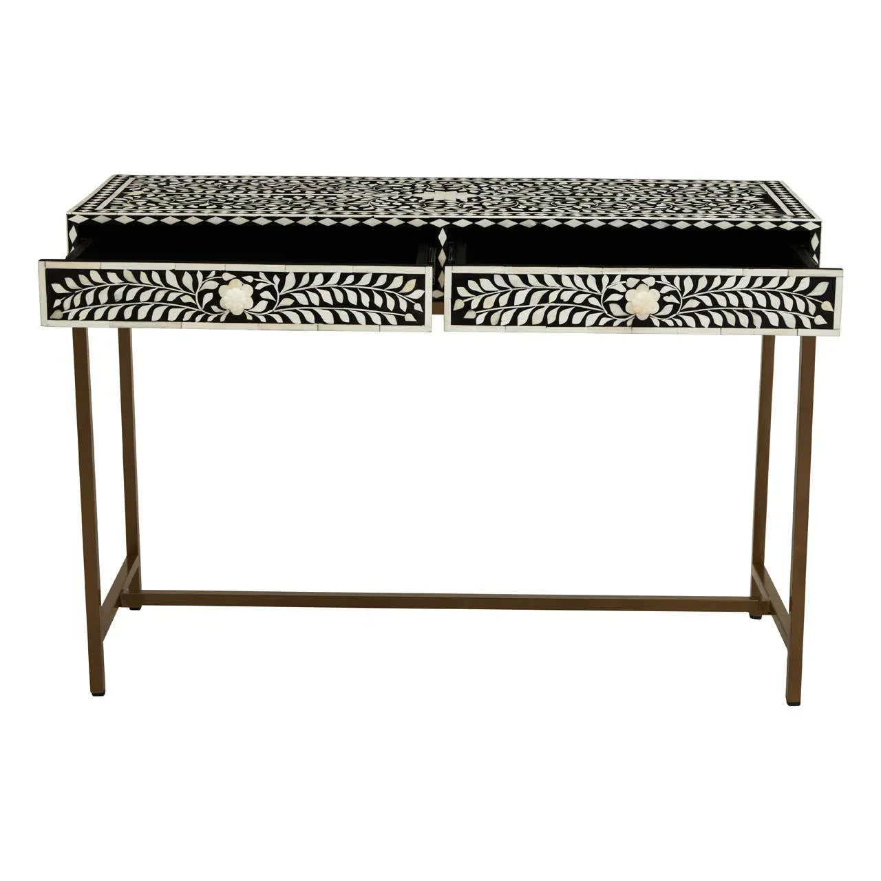 Black and white patterned console table with two drawers and gold metal frame