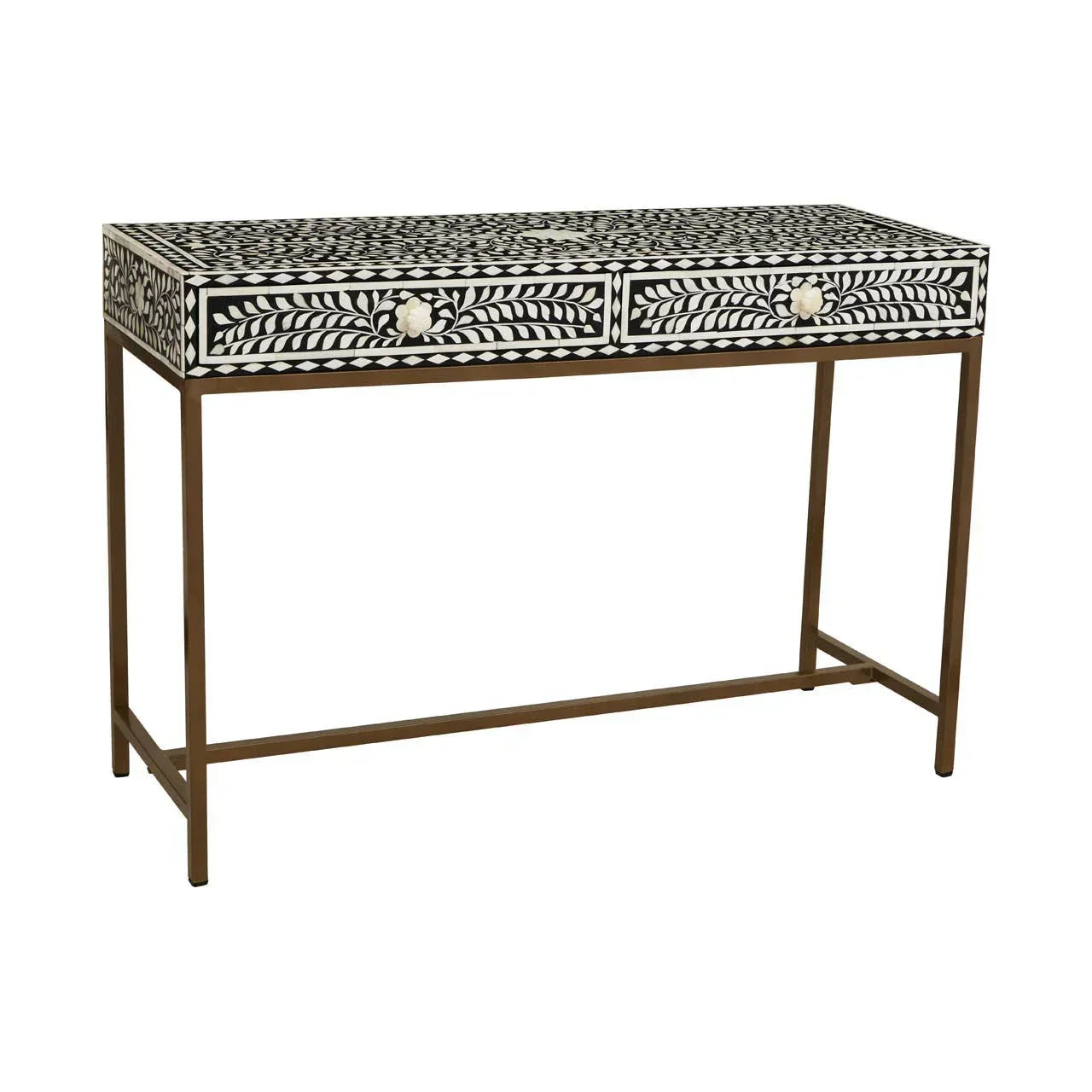 Black and white inlay console table with floral pattern and two drawers on gold metal legs
