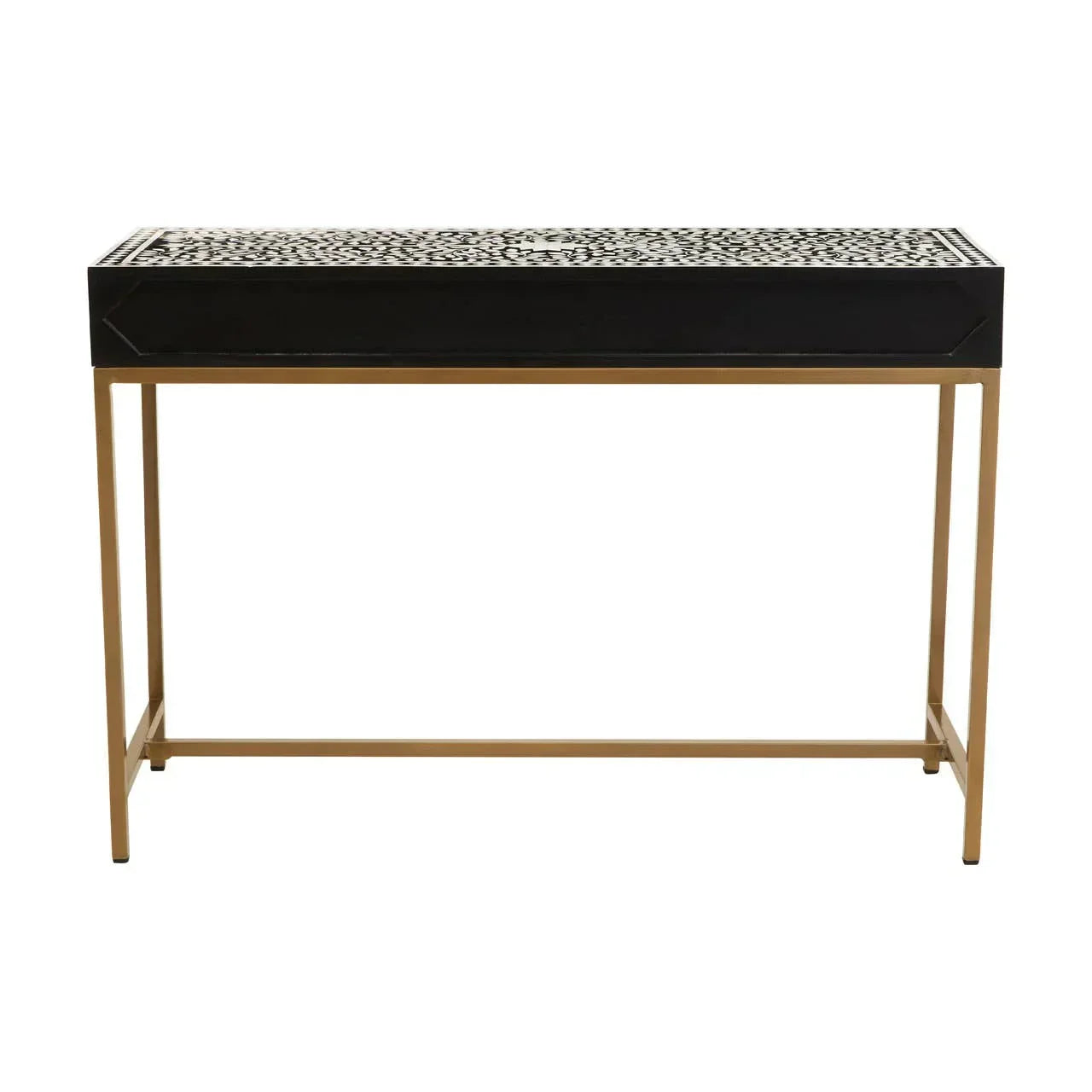 Black console table with gold metal frame and patterned inlay top