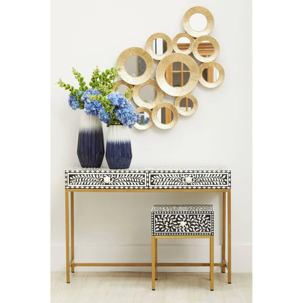 Bone inlay console table and stool with gold metal legs, floral pattern, wall mirrors, vases