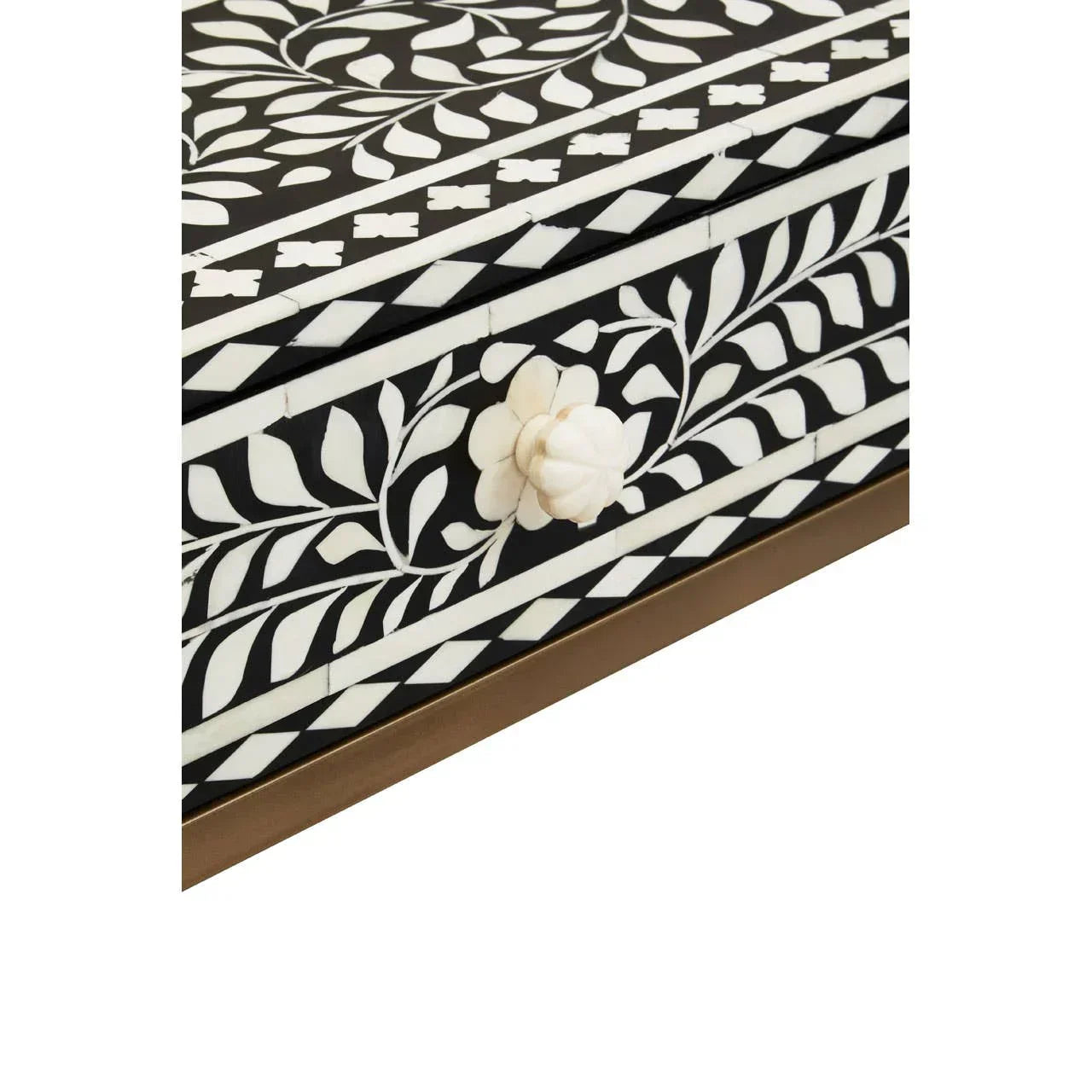 Black and white bone inlay storage box with floral pattern and decorative flower handle