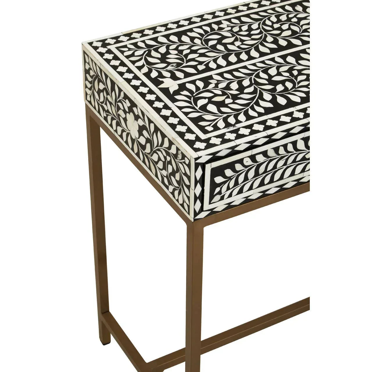 Black and white inlay side table with floral pattern and gold metal legs