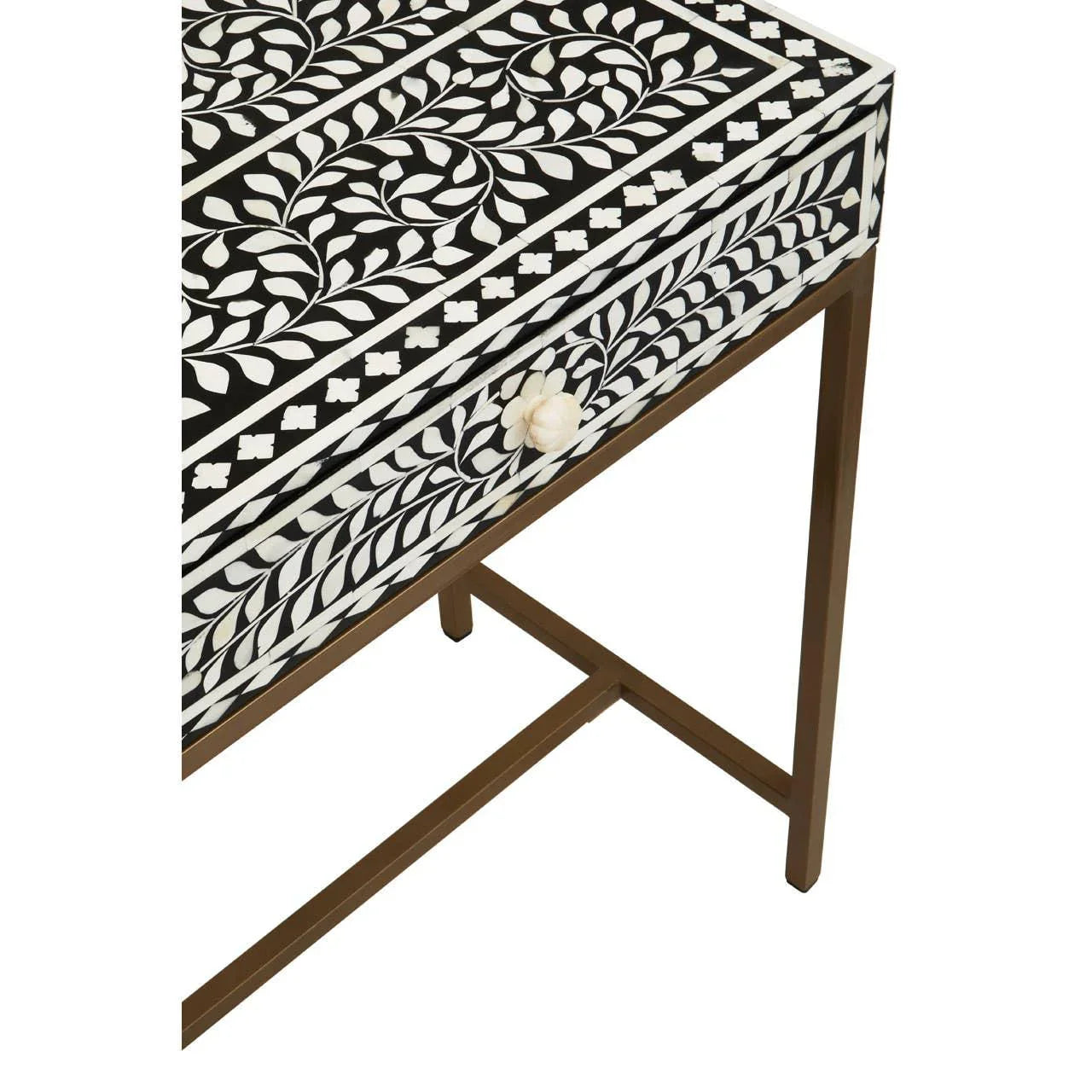 Bone inlay console table with floral pattern, gold metal legs, and decorative drawer knob