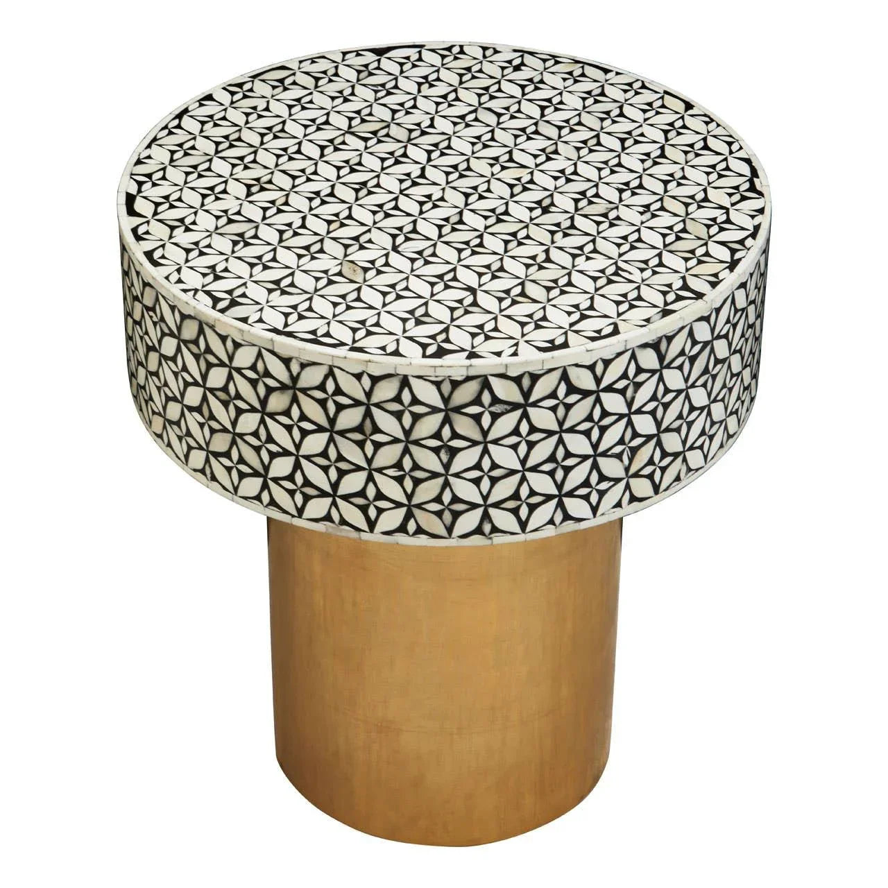Round side table with black and white geometric pattern top and gold cylindrical base