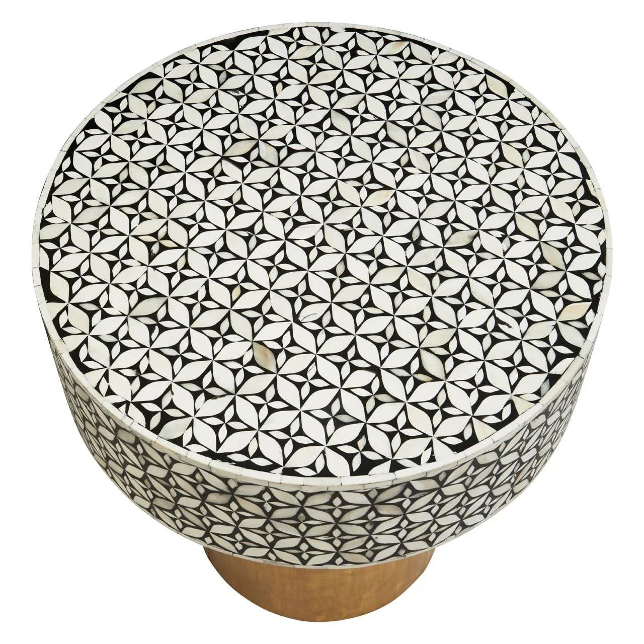 Round side table with black and white geometric patterned top and wooden base