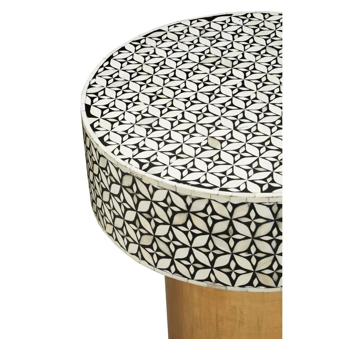 Round accent table with black and white geometric pattern and gold base