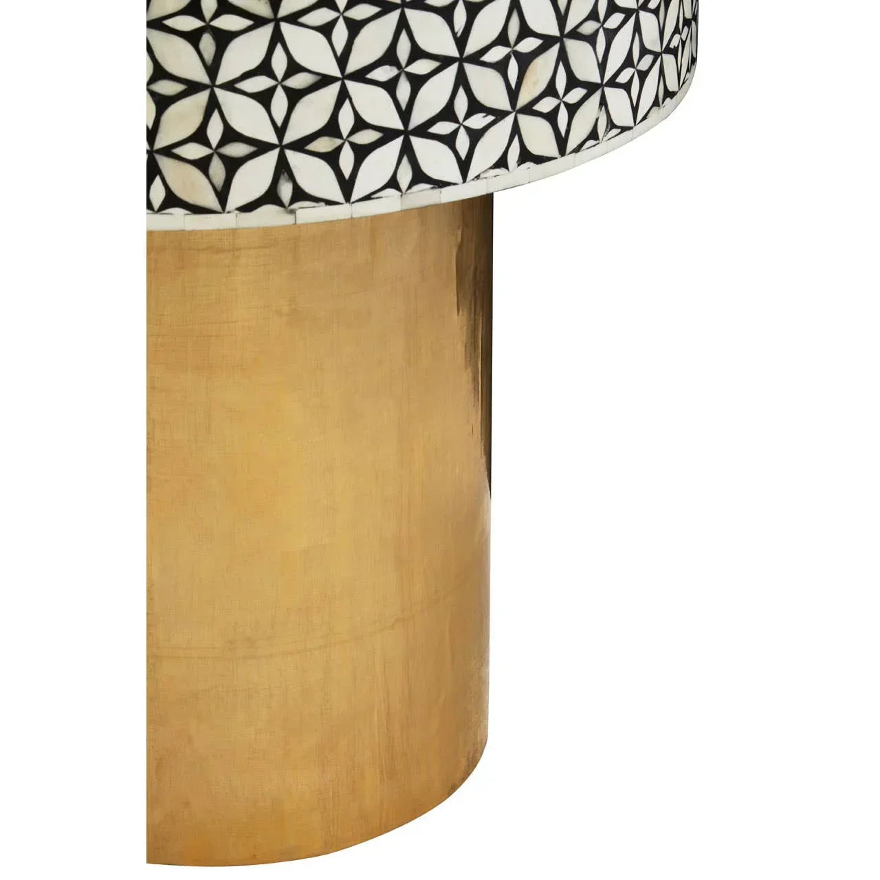 Round accent table gold base with black and white mosaic patterned top
