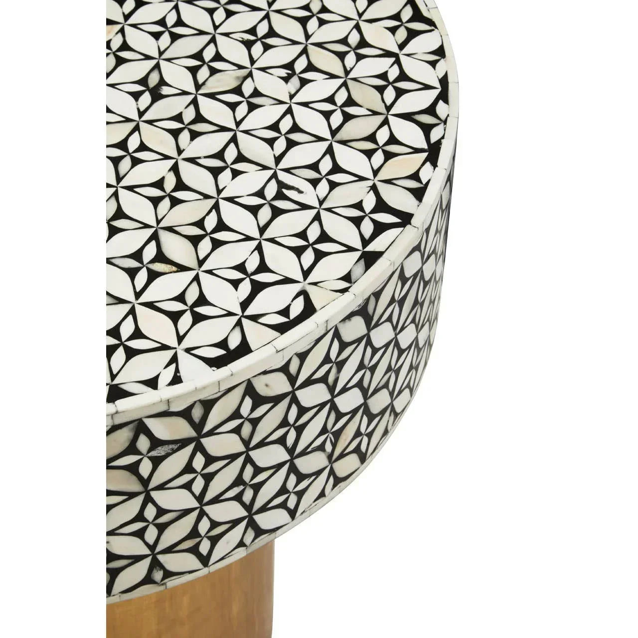 Round coffee table with black and white geometric mosaic inlay and gold base