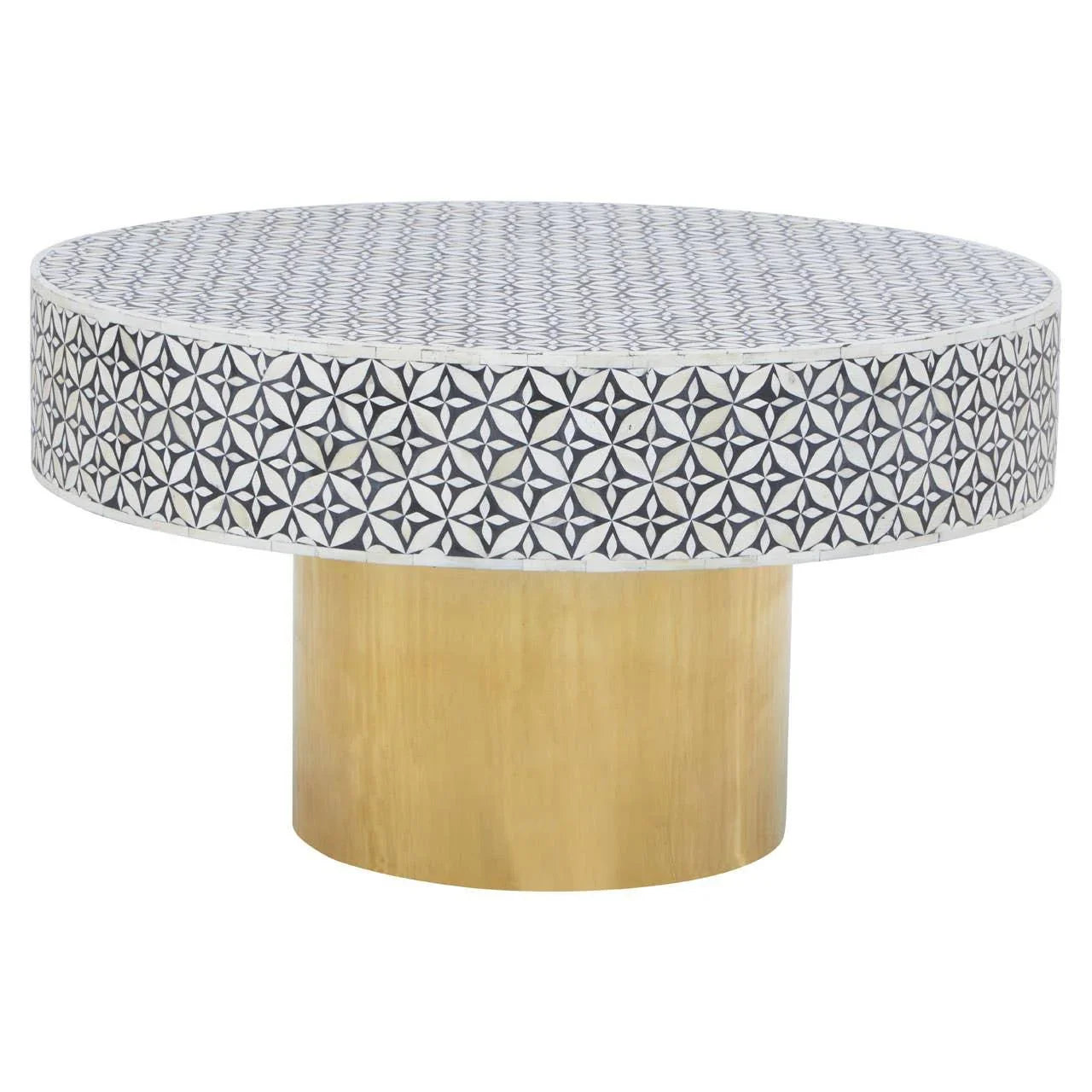 Round patterned coffee table with black and white geometric design and gold cylindrical base