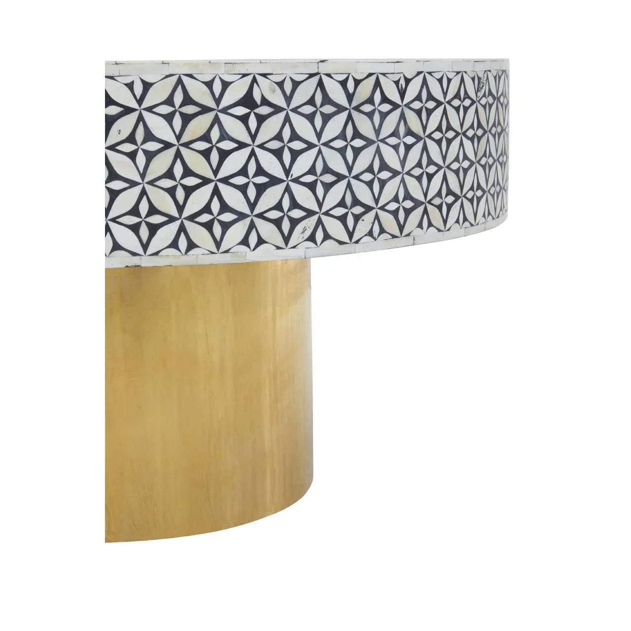 Round accent table with patterned black and white inlay top and gold cylindrical base