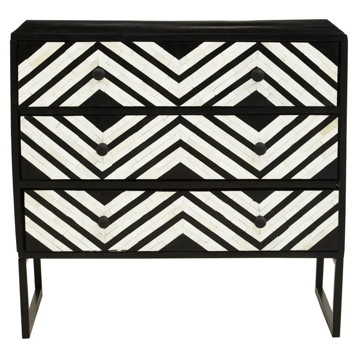 Black and white geometric chest of drawers with three drawers and chevron pattern