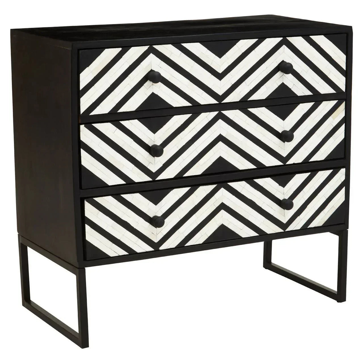 Black and white geometric pattern chest of drawers with three drawers and modern metal legs