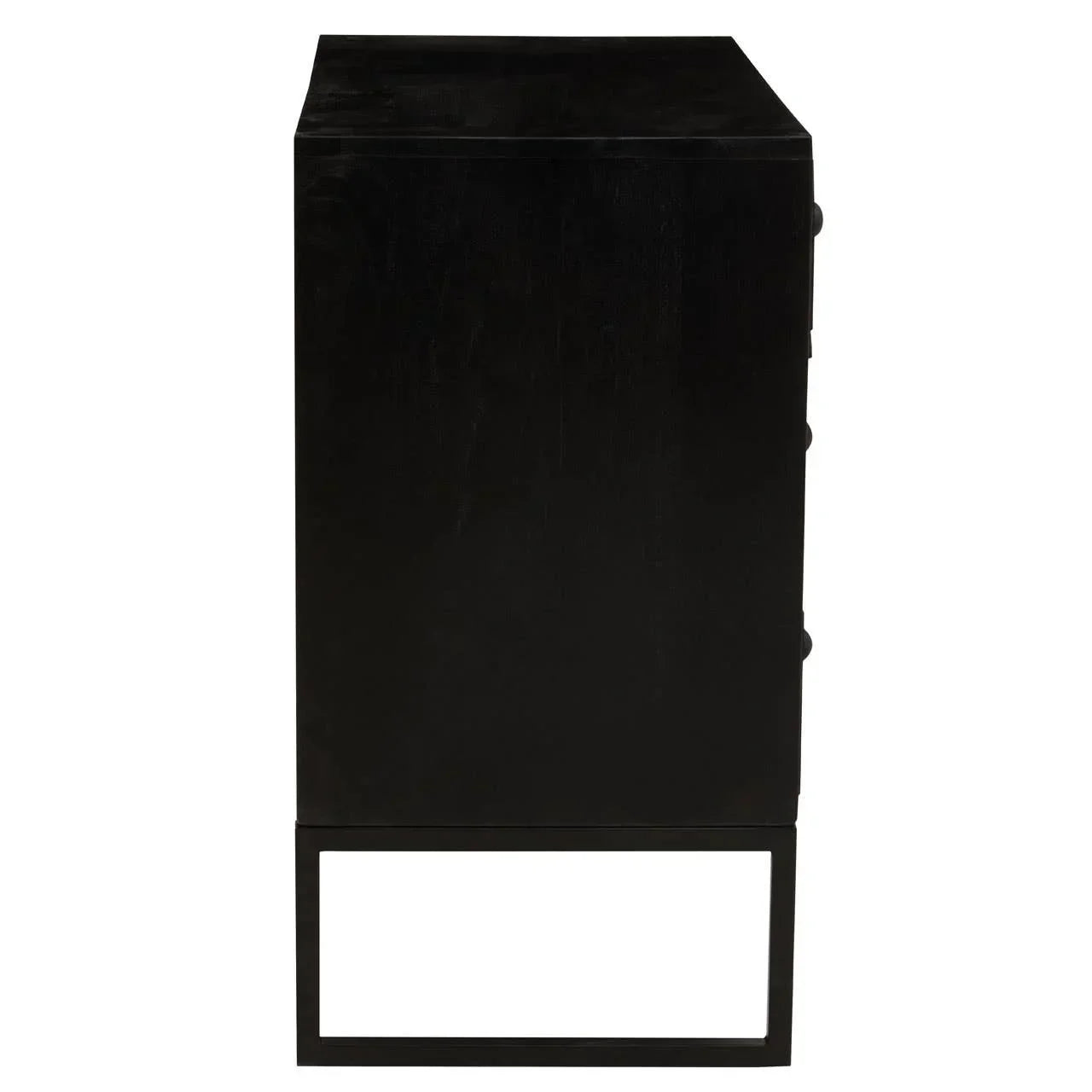 Side view of black wooden sideboard with metal frame legs