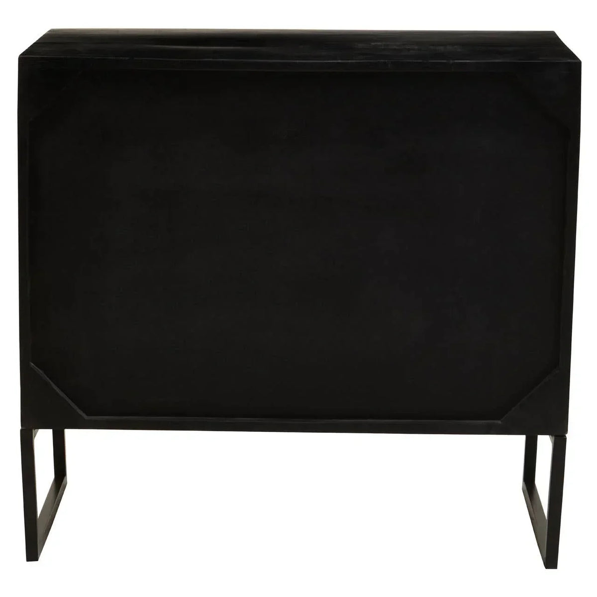 Rear view of black console table with rectangular metal legs