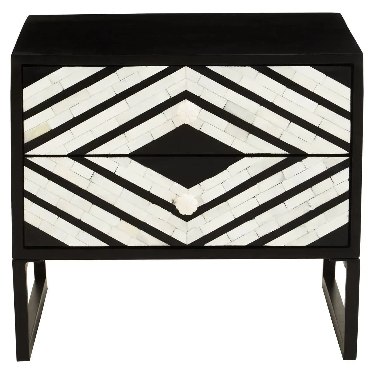 Black and white geometric pattern bedside table with two drawers and modern legs