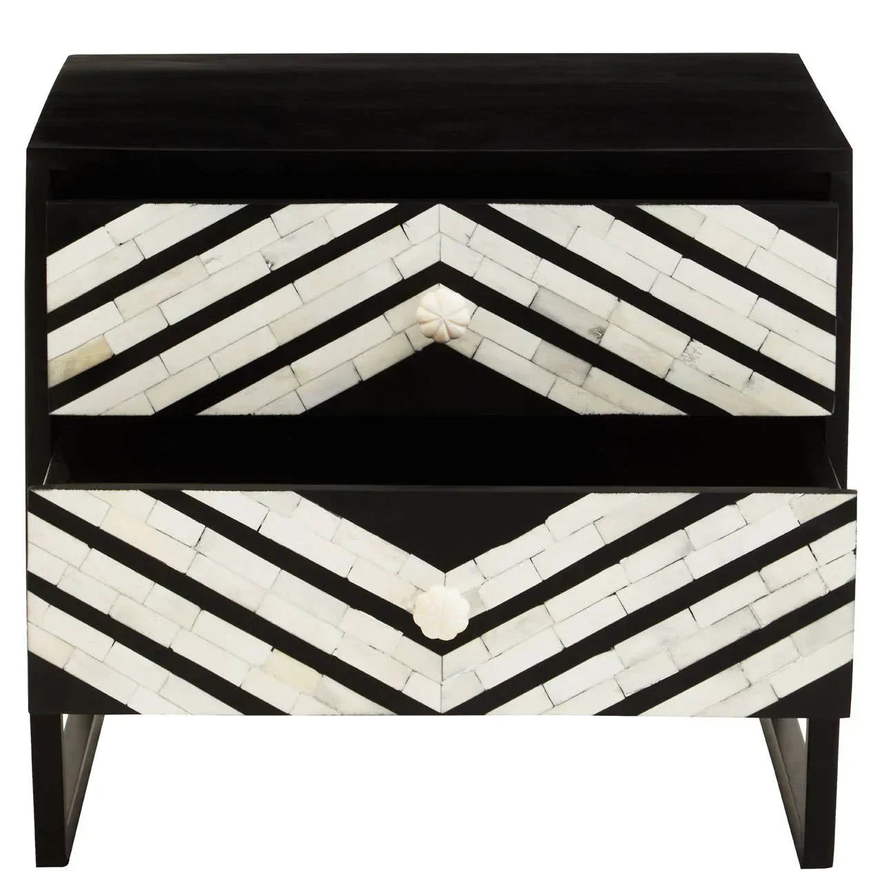 Black and white chevron patterned bedside table with two drawers and floral knobs