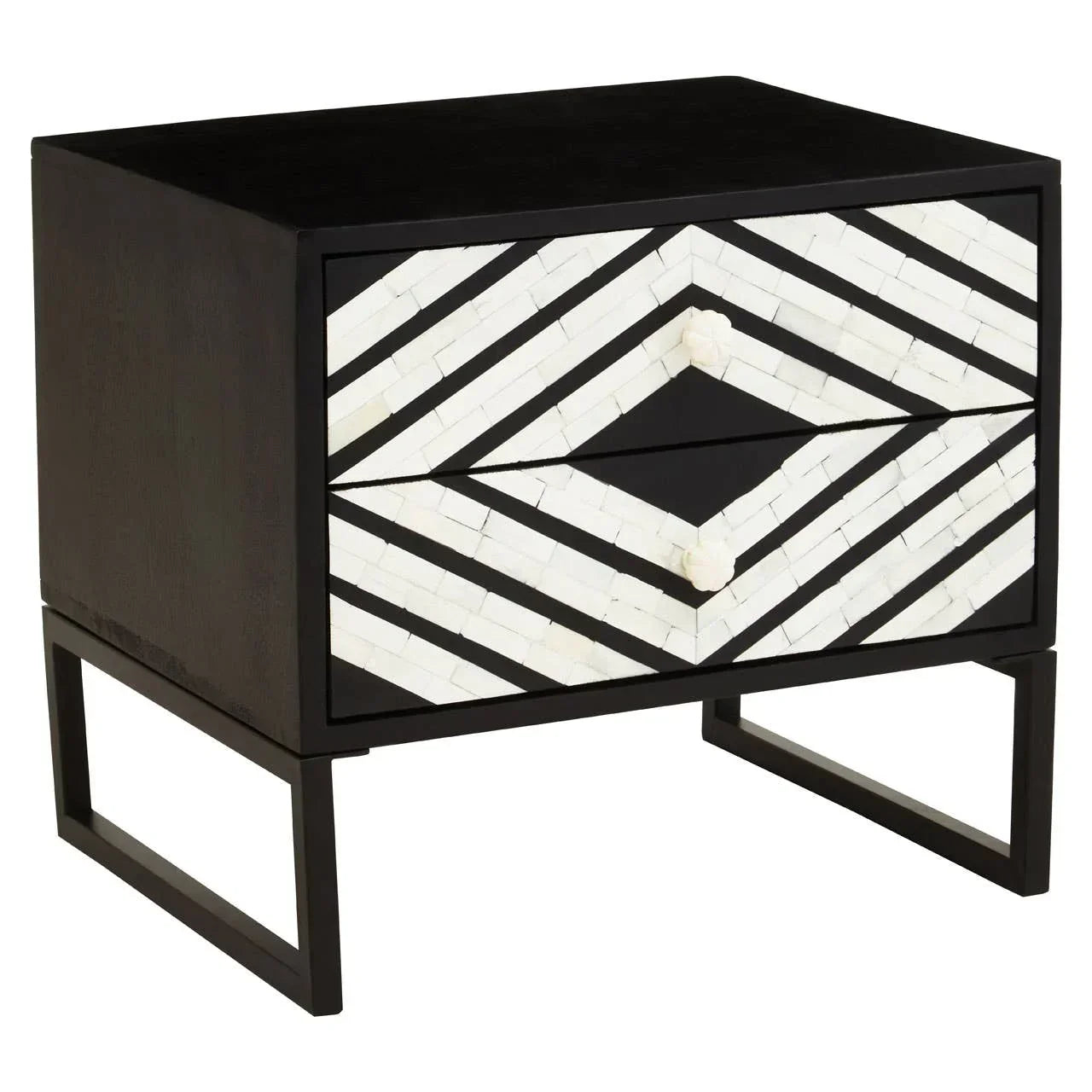 Black and white geometric bedside table with two drawers and metal sled legs