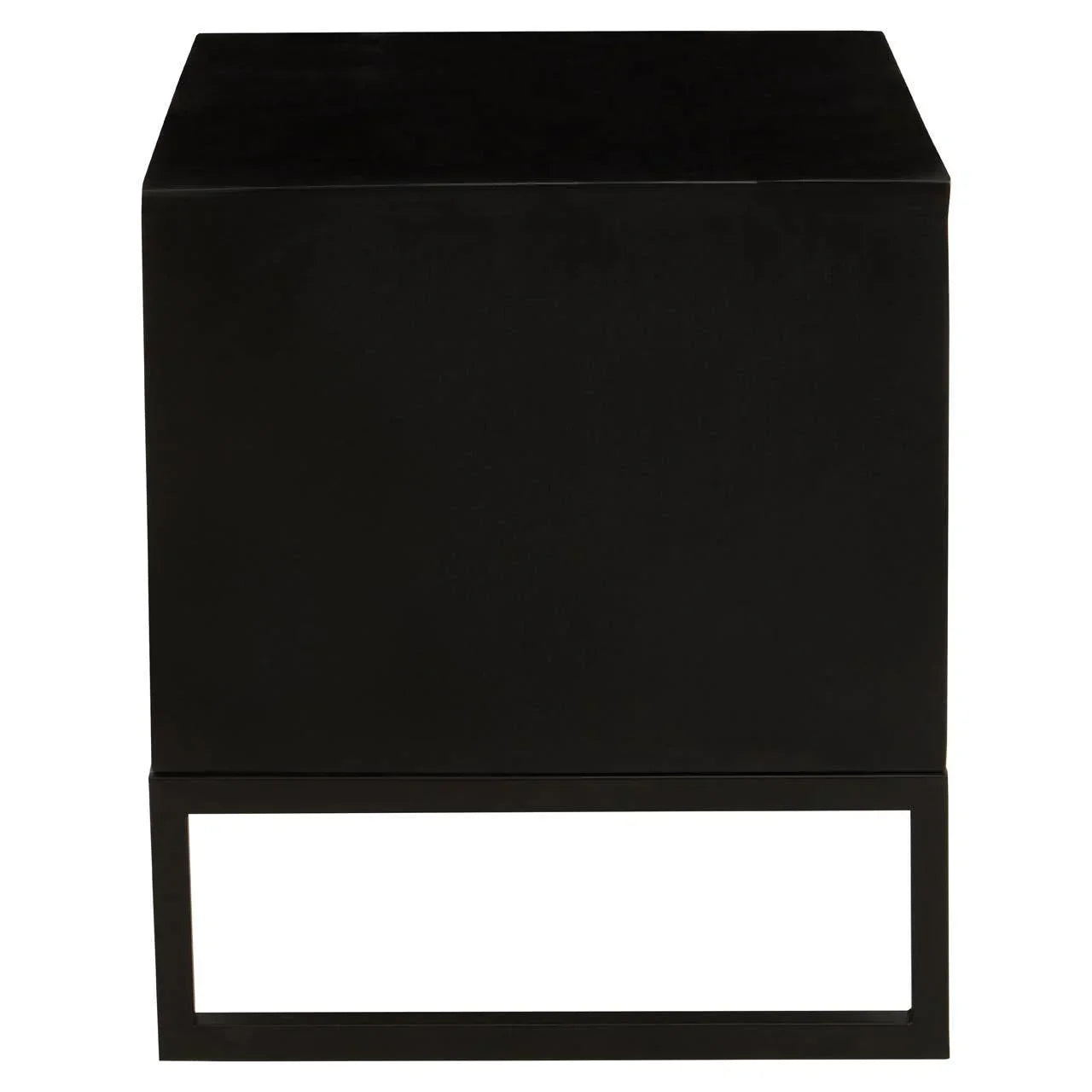 Black metal side table with cube design and open rectangular base, front view