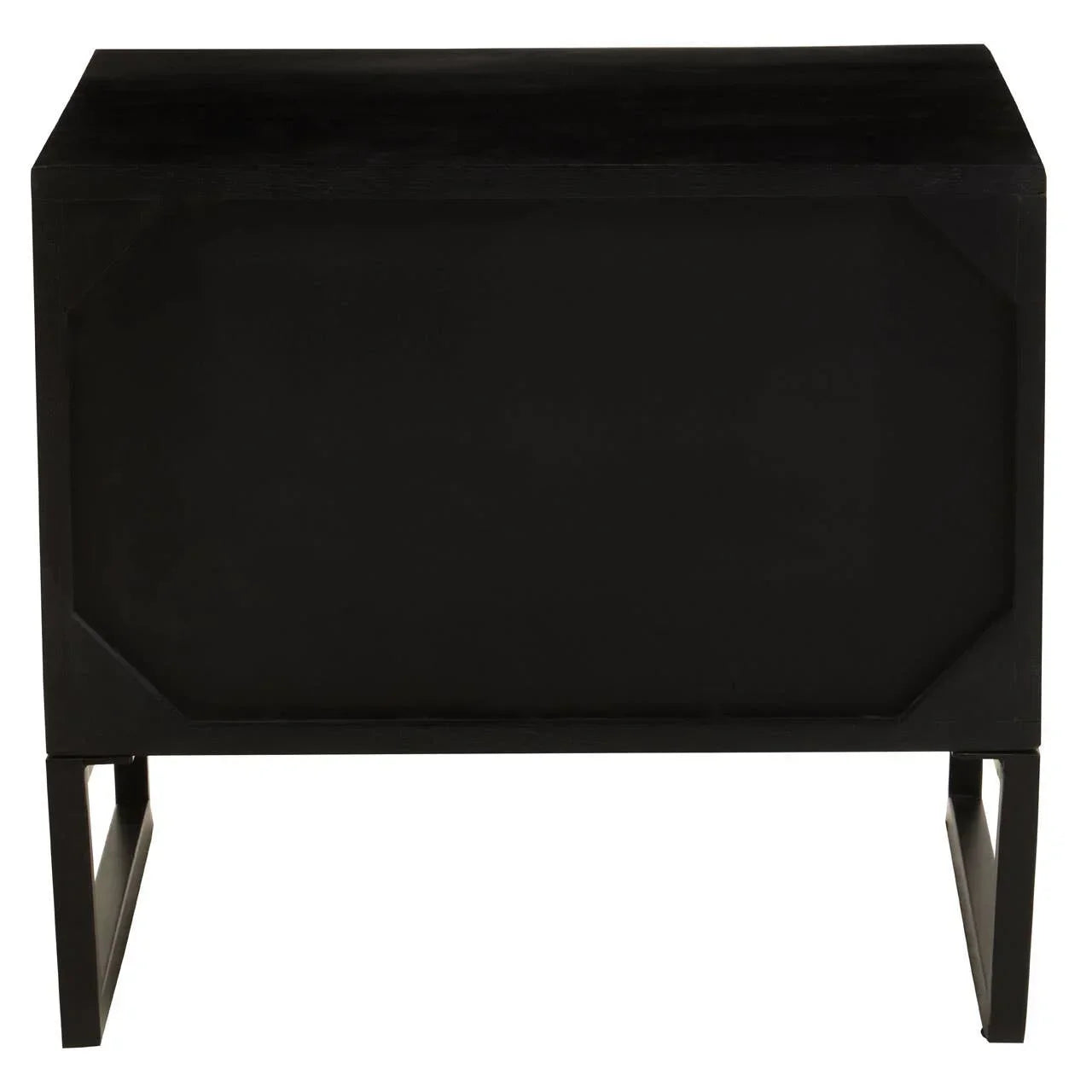Black wooden bedside table with angled legs, modern design
