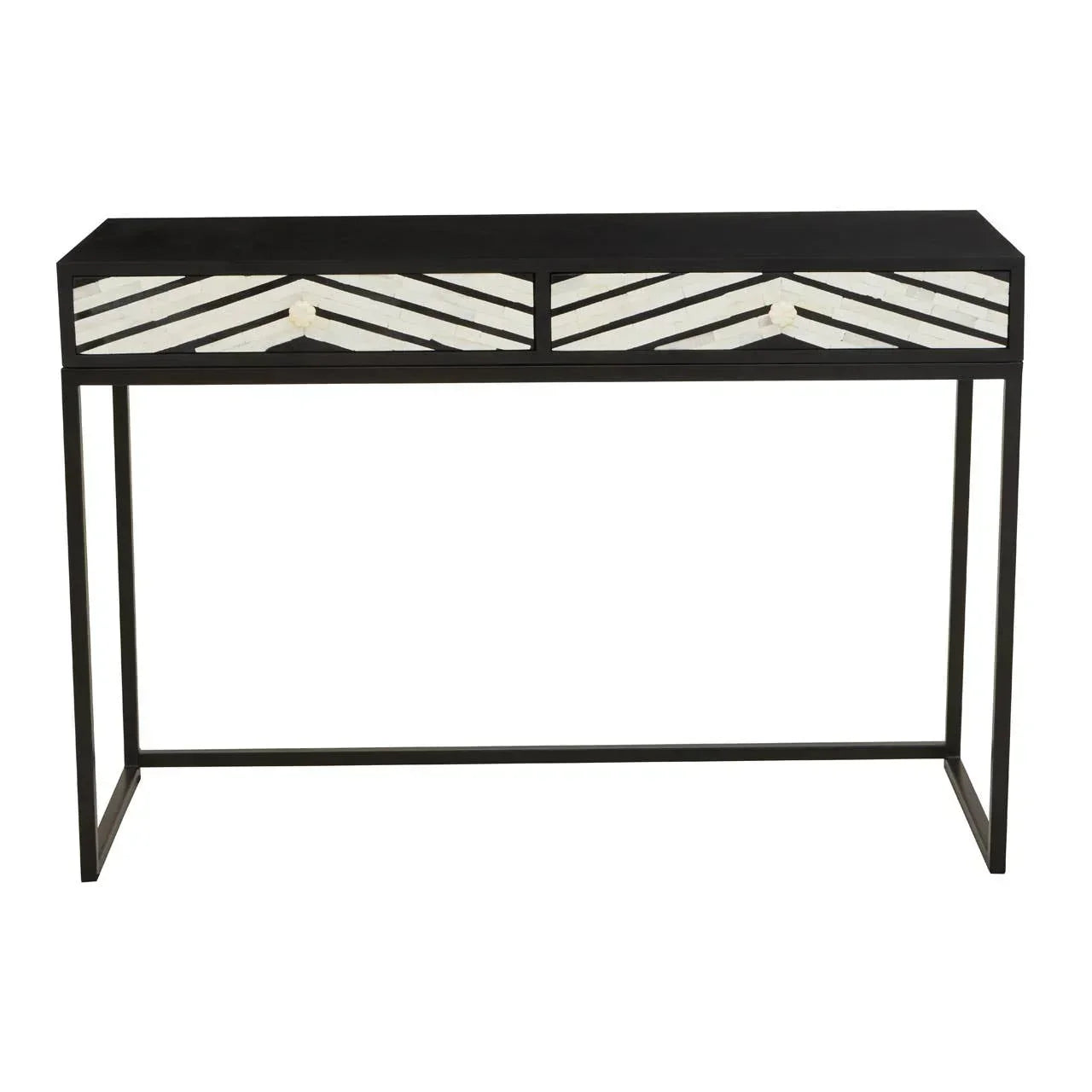 Black console table with two geometric patterned drawers and slim metal legs