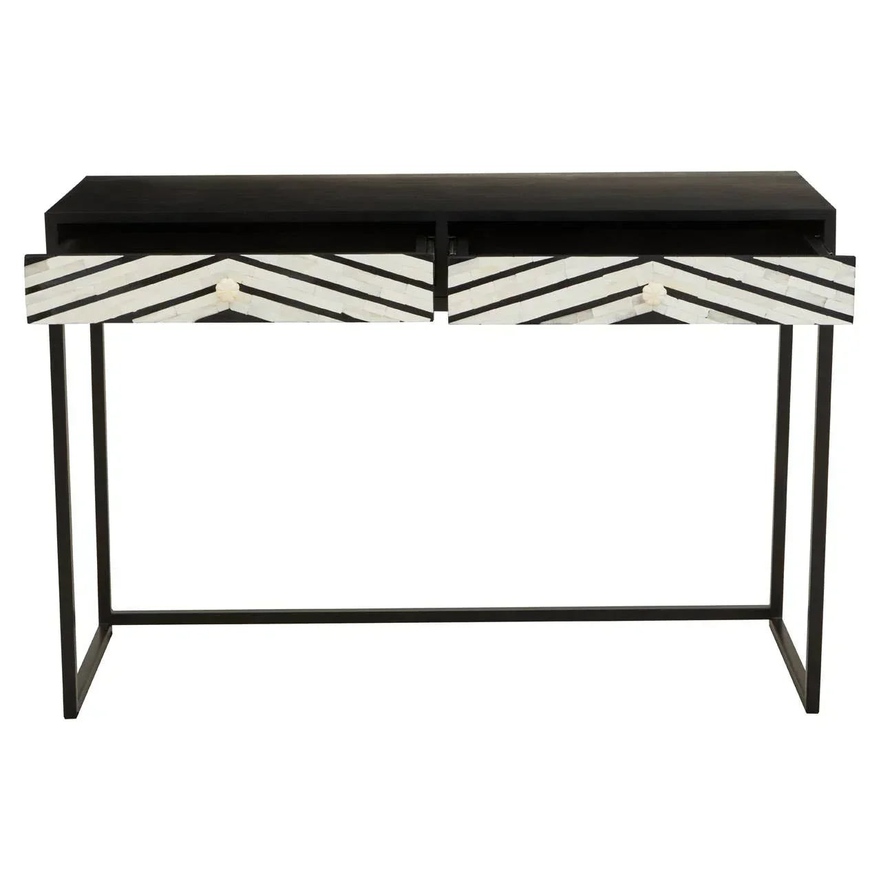 Black console table with two drawers featuring white chevron inlay and slim metal frame