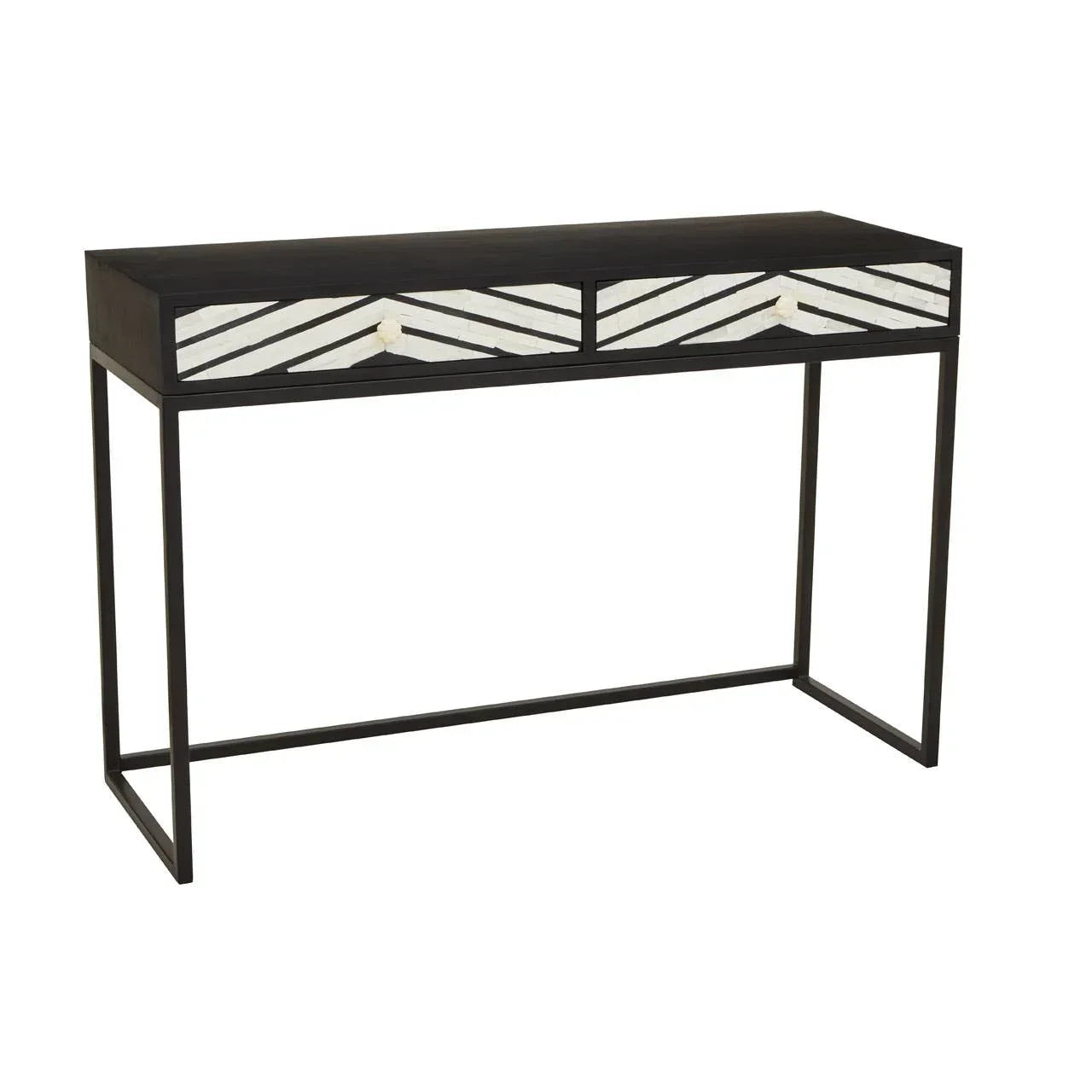 Black console table with white geometric inlay drawers and slim metal frame