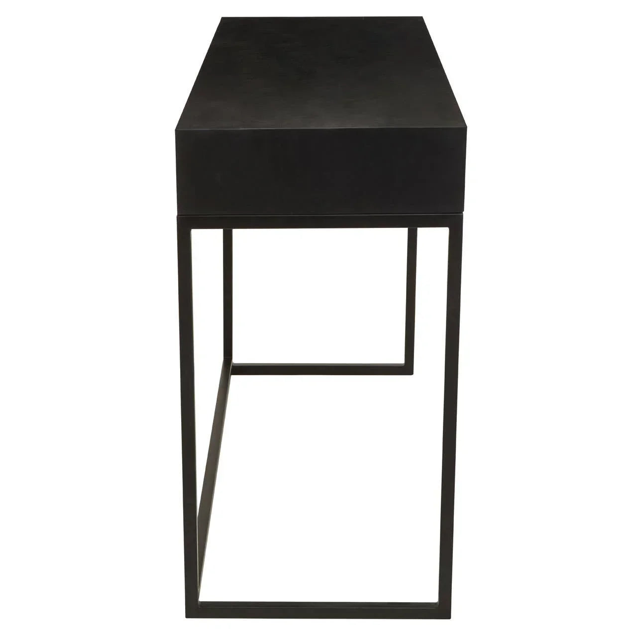 Black console table with metal frame shown from side angle