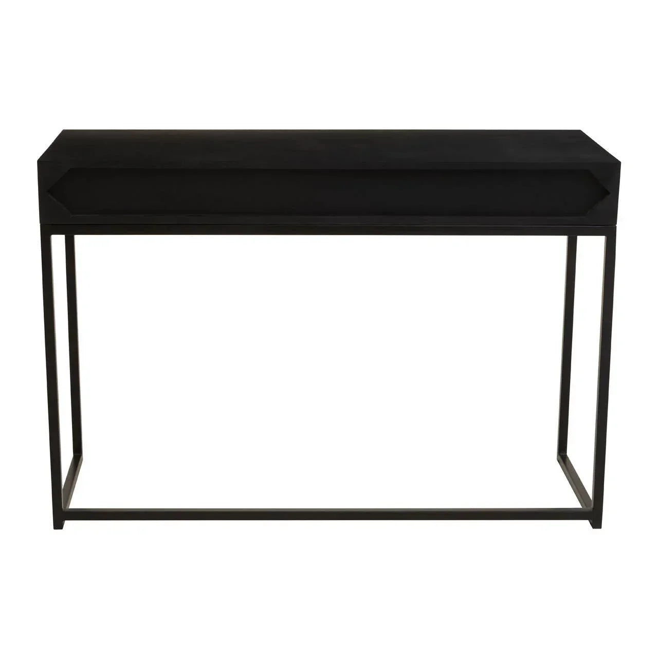 Black console table with slim metal frame and geometric front design