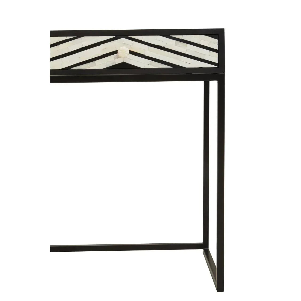 Slim console table with black metal frame and inlaid chevron patterned top