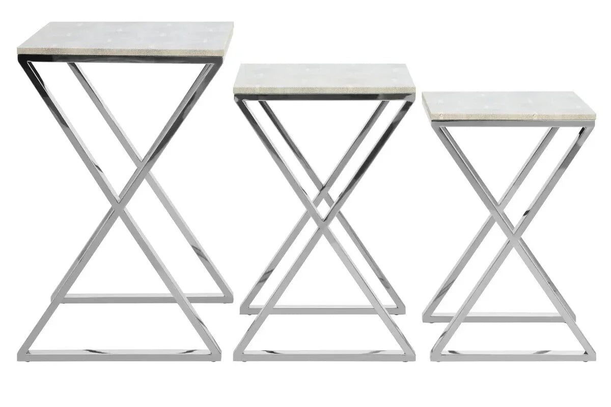 Set of three nesting tables with marble tops and chrome geometric metal frames