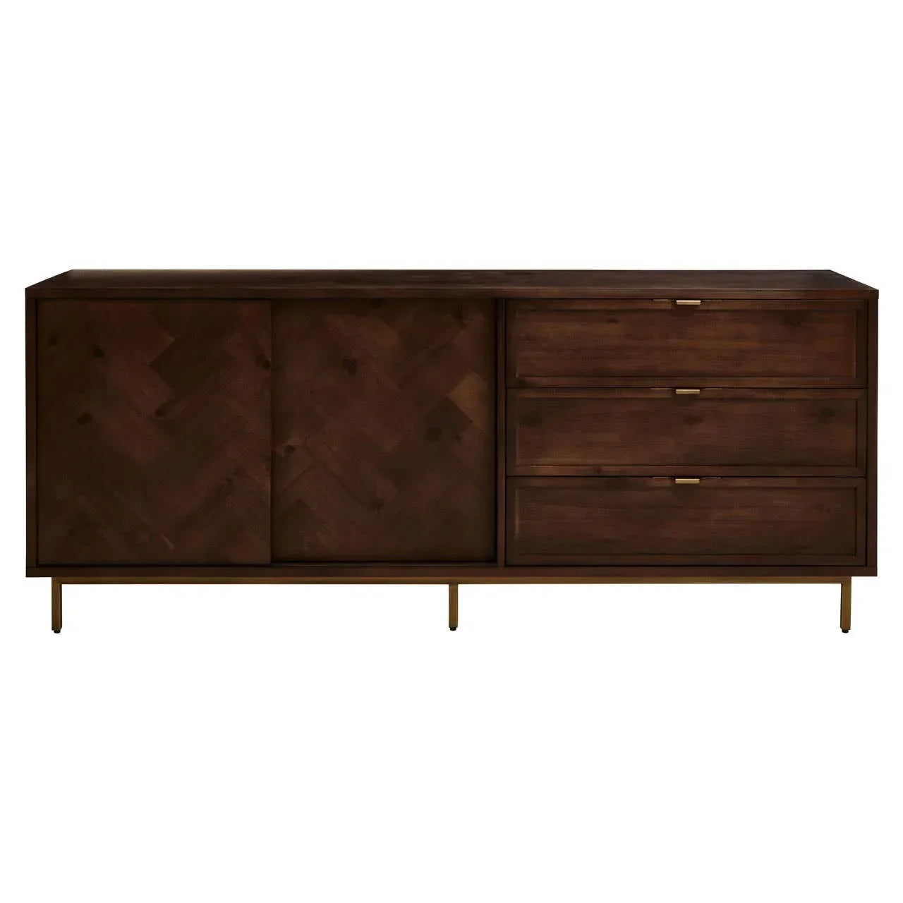 Dark wood sideboard with brass legs, two sliding doors and three drawers