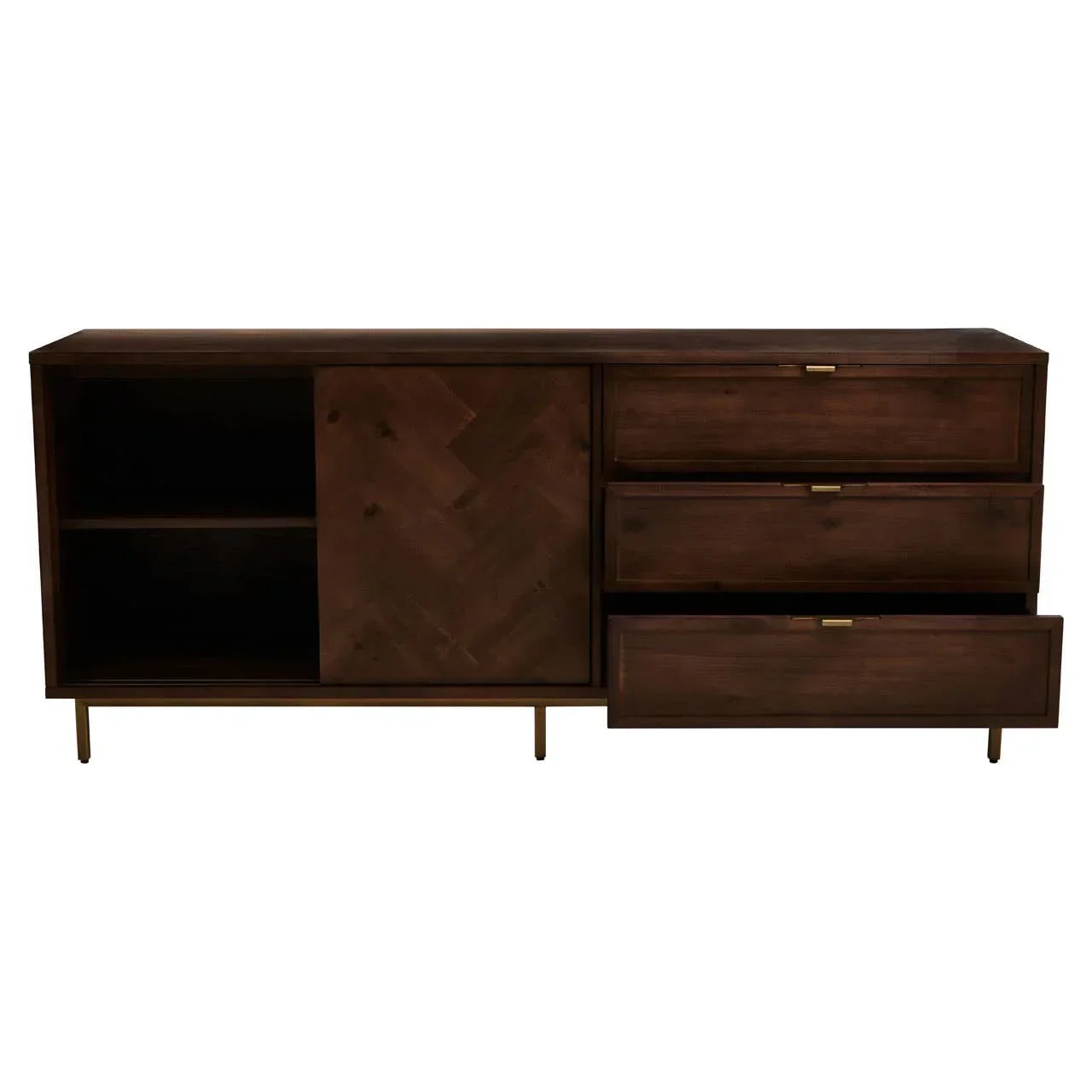 Dark wood sideboard with herringbone sliding door and three open drawers on gold legs
