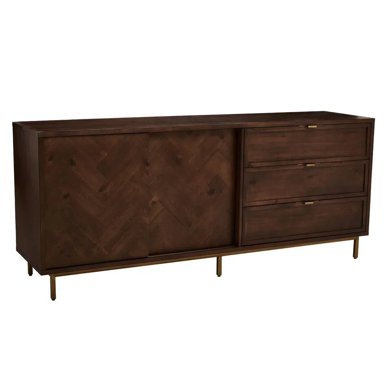 Dark wood sideboard with chevron doors, three drawers, and slim brass legs