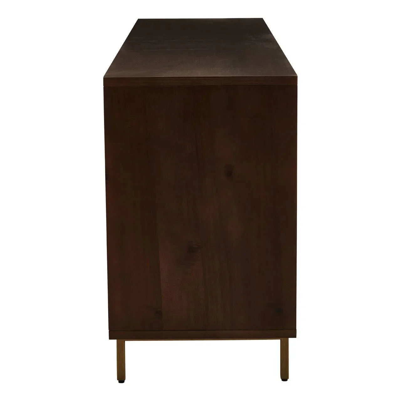 Side view of dark wood sideboard with clean lines and slim gold metal legs