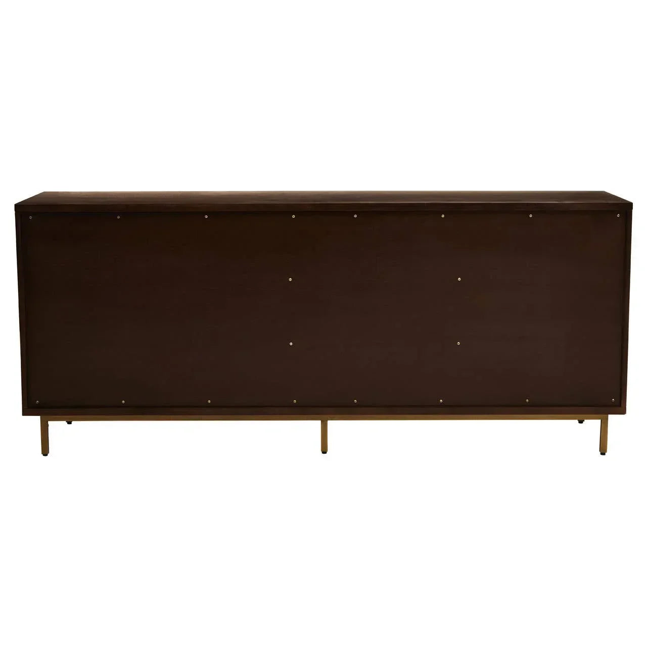 Back panel of dark wood sideboard cabinet with slim legs and brass accents