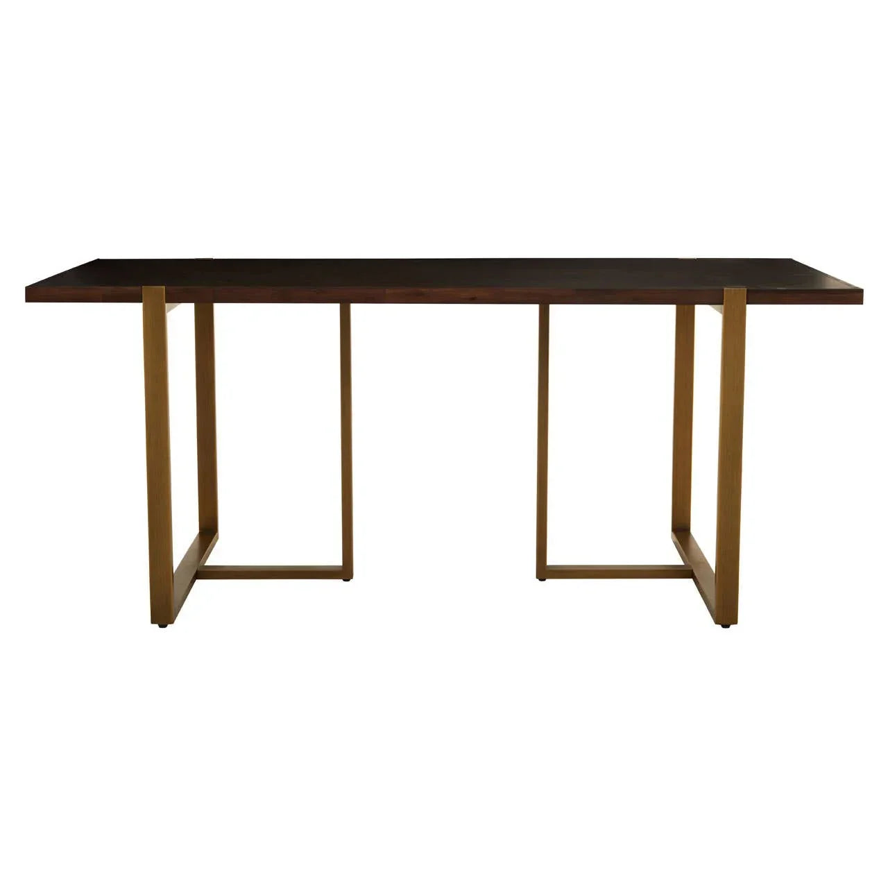 Rectangular dining table with dark wood top and gold metal frame, front view