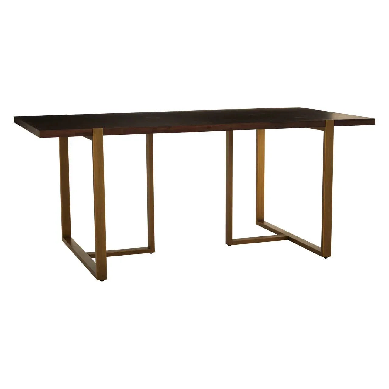 Rectangular wooden dining table with dark top and gold metal legs on white background