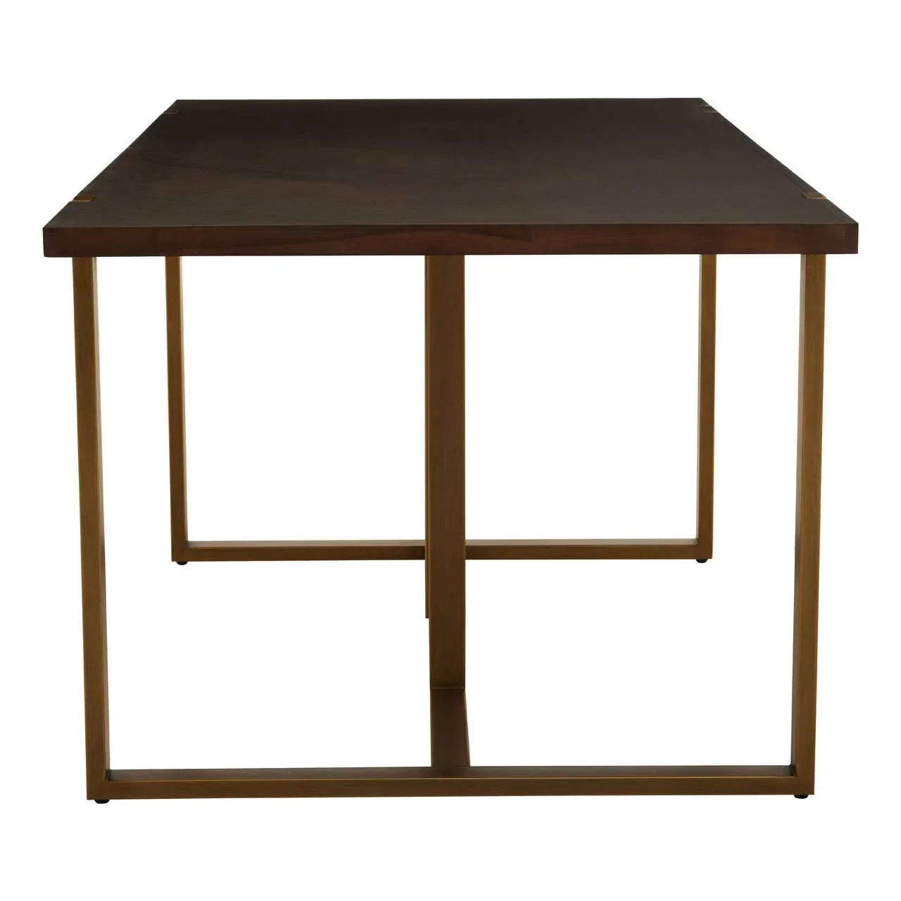 Rectangular dining table with dark wood top and gold metal frame, front view