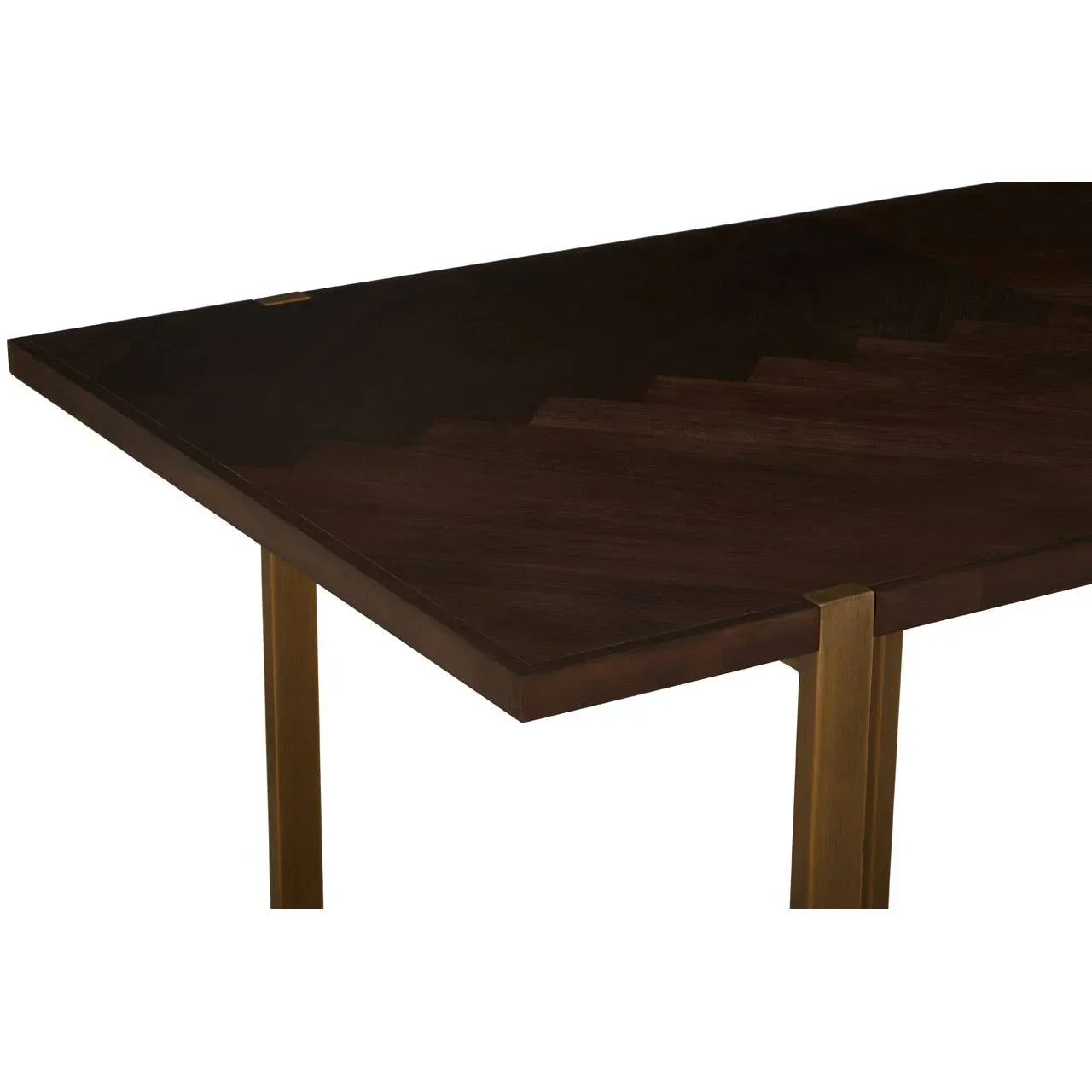 Dark wood dining table with gold metal legs, showing close-up of tabletop corner